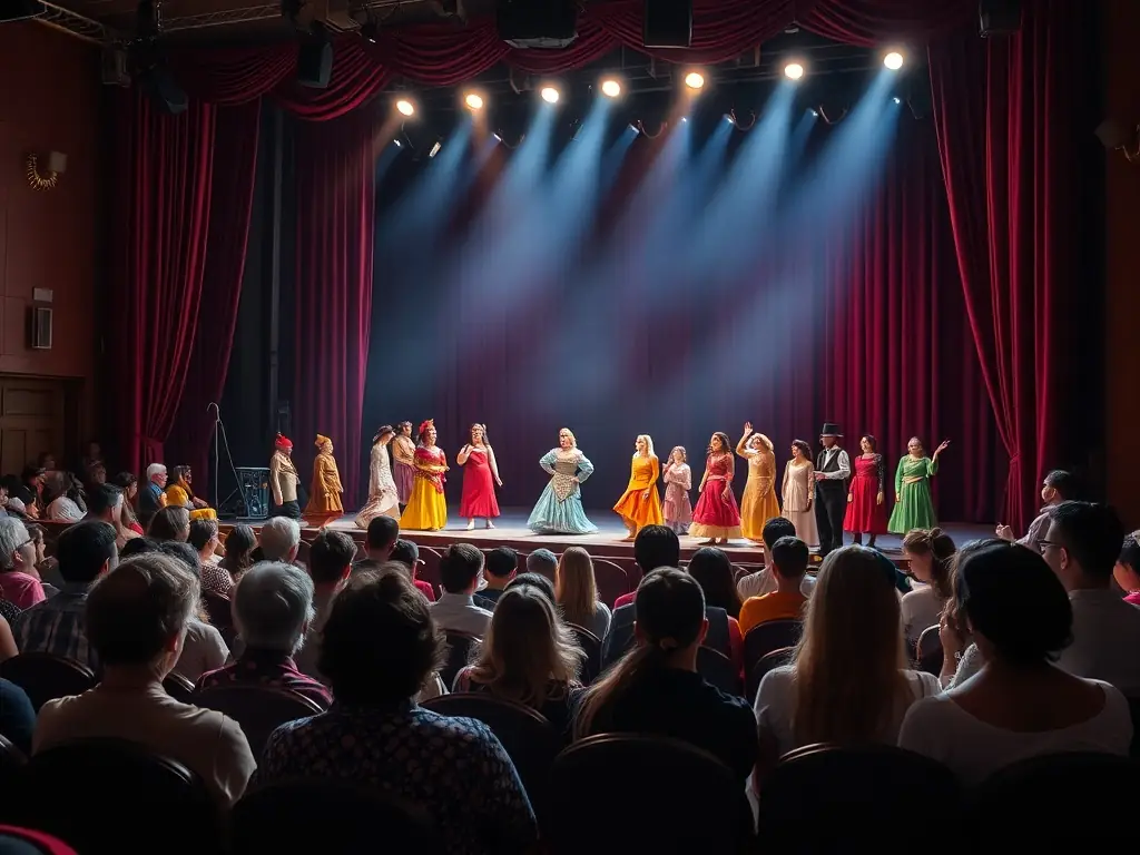 A vibrant photograph capturing a live performance at CENTRE JEAN LURCAT SCÈNE NATIONALE, showcasing actors on stage with dynamic lighting and engaged audience members.