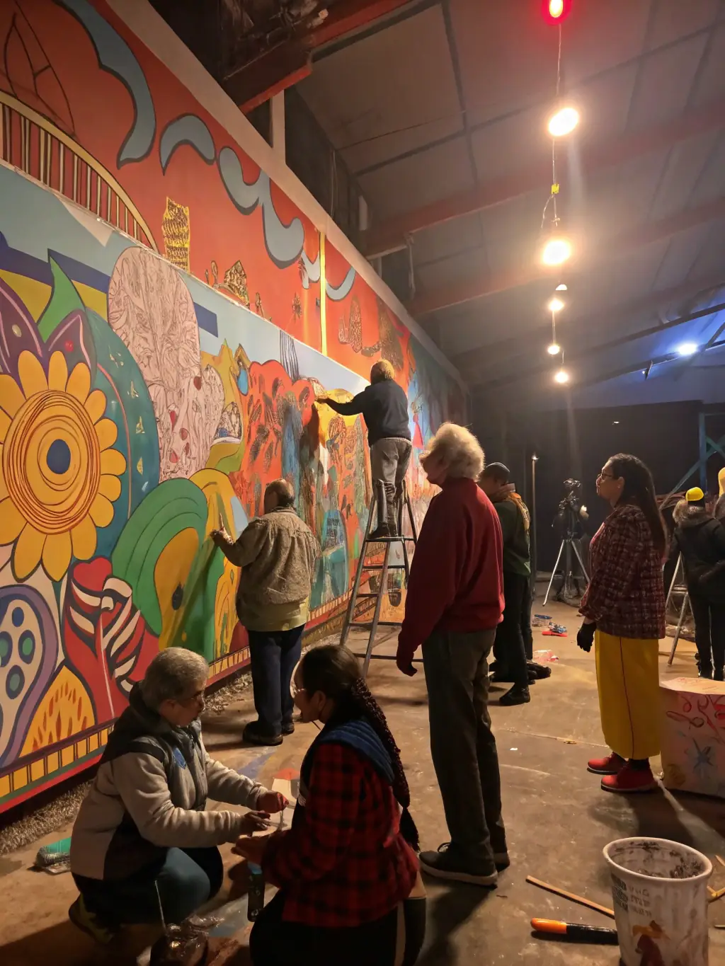 A photograph capturing a diverse group of participants engaged in a theatre workshop, showcasing the interactive and educational aspect of the program.