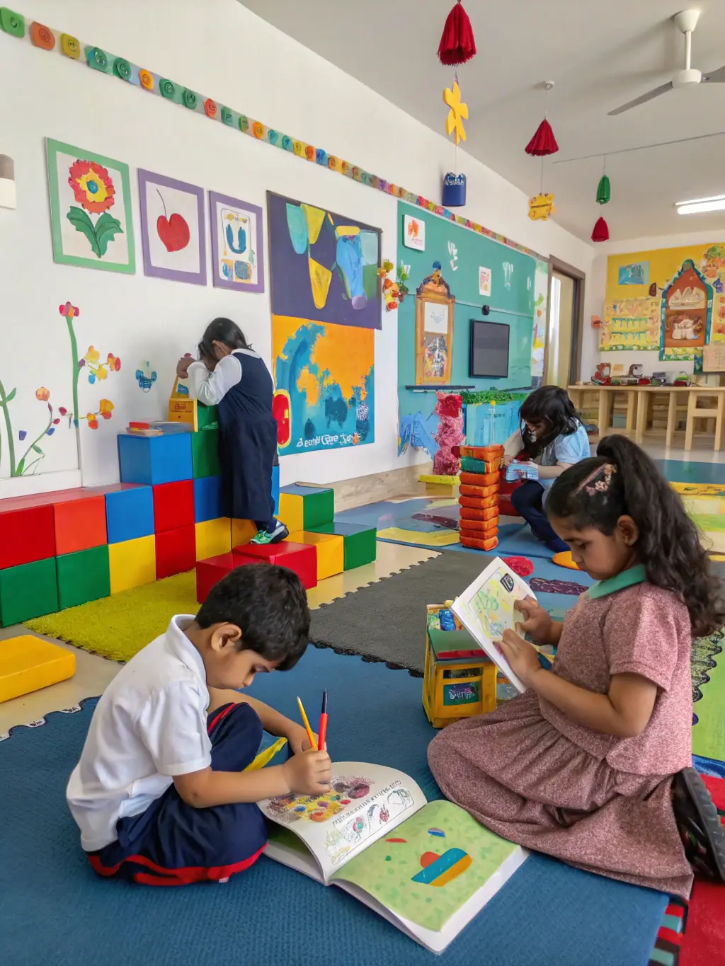 A colorful image depicting children participating in an interactive art workshop at CENTRE JEAN LURCAT SCÈNE NATIONALE, with instructors guiding them.