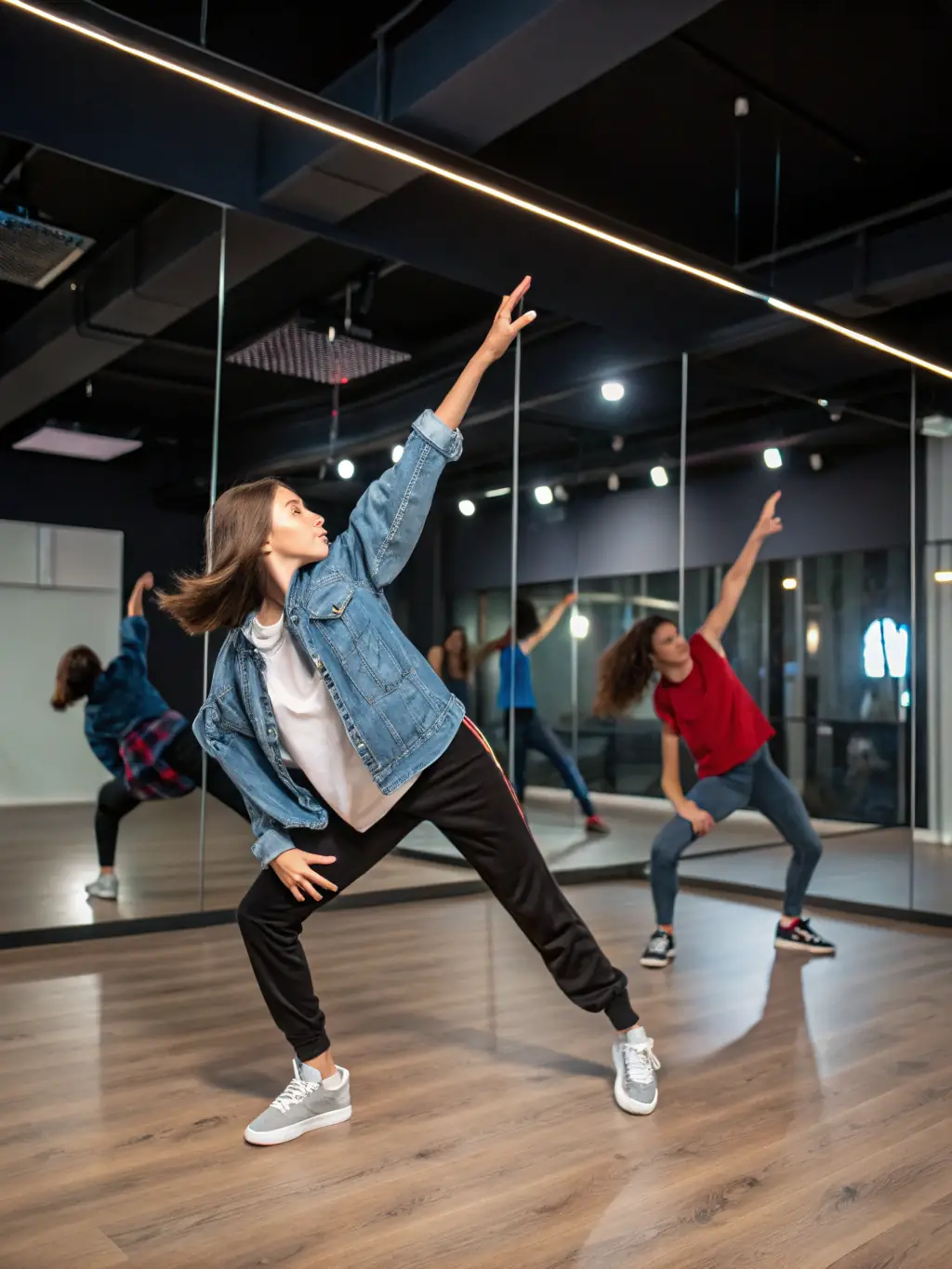 A photograph of a group of teenagers participating in a contemporary dance class at CENTRE JEAN LURCAT SCÈNE NATIONALE, highlighting their fluid movements and the instructor's guidance in a spacious studio setting.