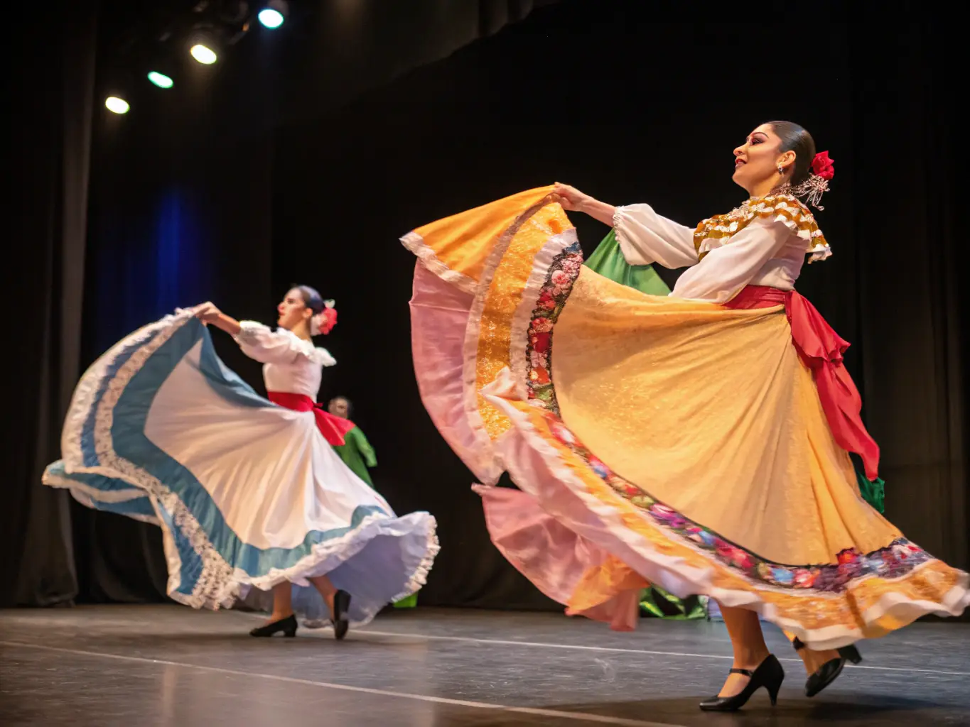 A vibrant stage performance featuring dancers in colorful costumes, showcasing a contemporary dance piece at CENTRE JEAN LURCAT SCENE NATIONALE.