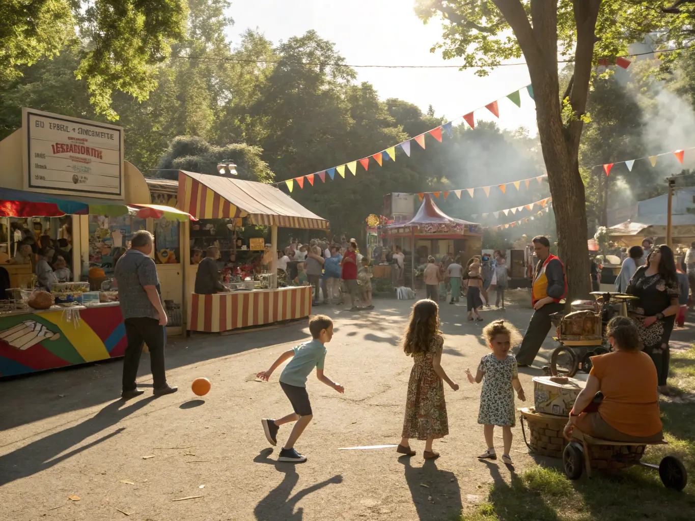 A community festival scene with people of all ages enjoying music, food, and art installations at CENTRE JEAN LURCAT SCENE NATIONALE.