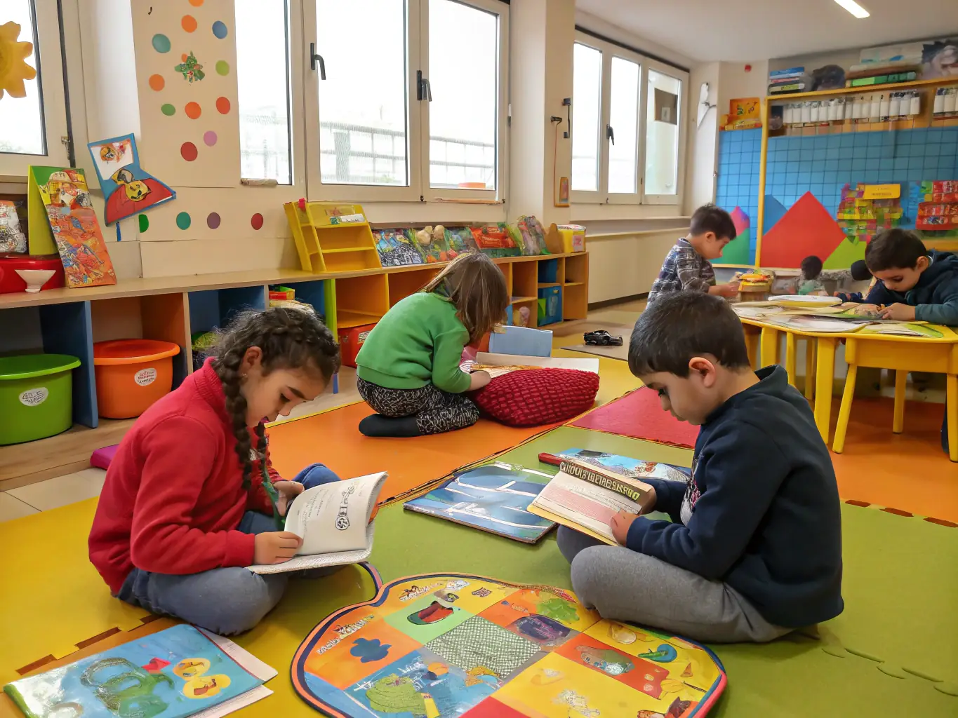 A photograph of an educational outreach program, depicting children participating in an interactive learning session about the arts.
