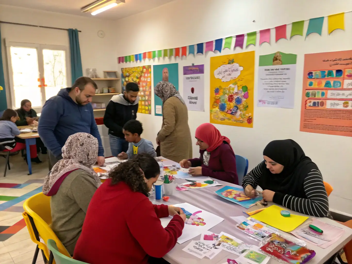 A photograph of a community workshop in progress, showing participants actively engaged in an art activity led by a facilitator.