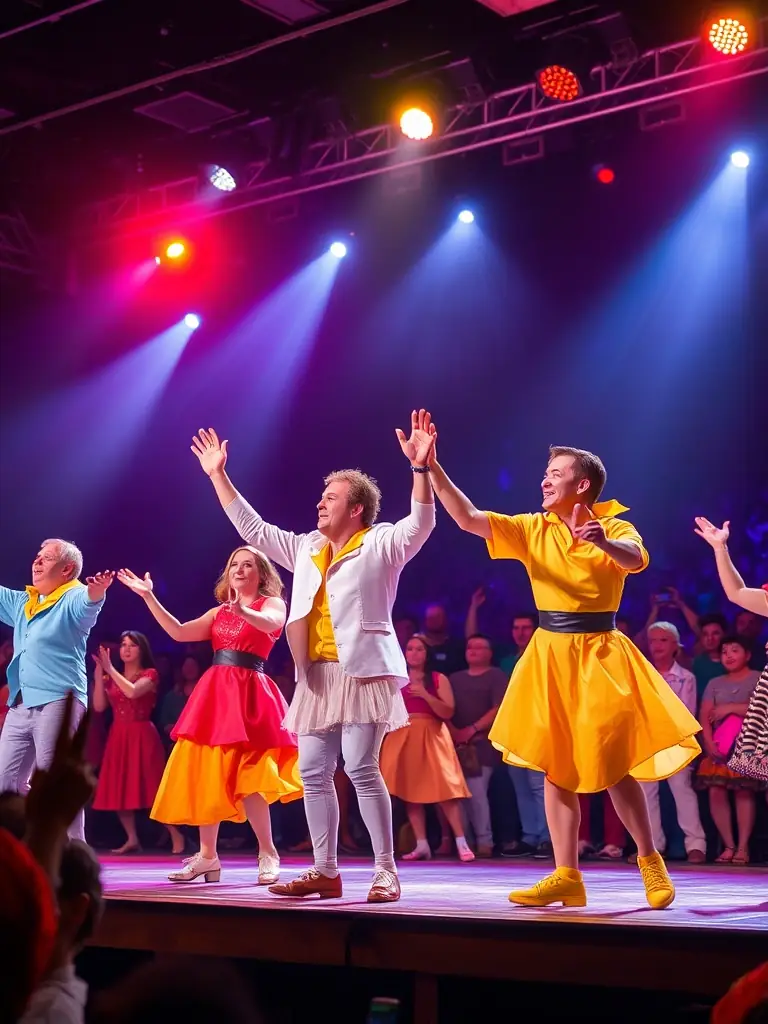 A vibrant photograph capturing a live theatre performance at CENTRE JEAN LURCAT SCÈNE NATIONALE, showcasing actors in costume on stage with dynamic lighting.