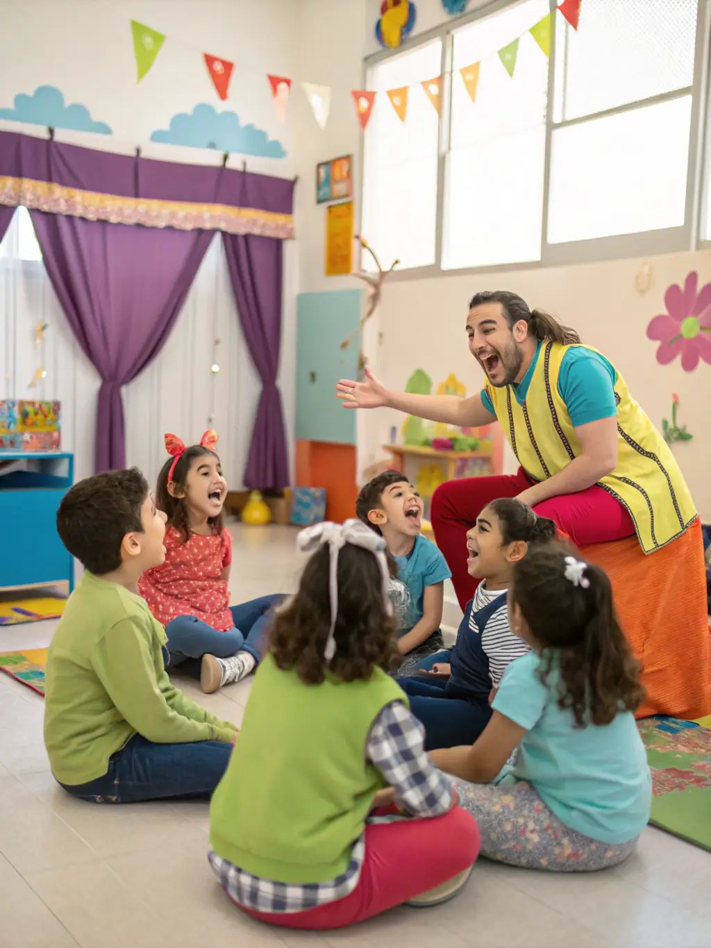 A vibrant photograph capturing a children's theatre workshop in progress at CENTRE JEAN LURCAT SCÈNE NATIONALE, showcasing children actively participating in a drama exercise, with a focus on their engaged expressions and the supportive atmosphere.