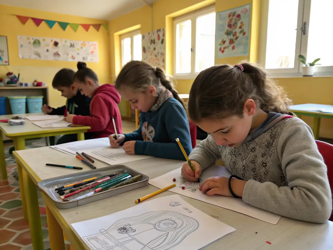 A group of children participating in an art workshop, learning painting techniques under the guidance of an instructor at CENTRE JEAN LURCAT SCENE NATIONALE.